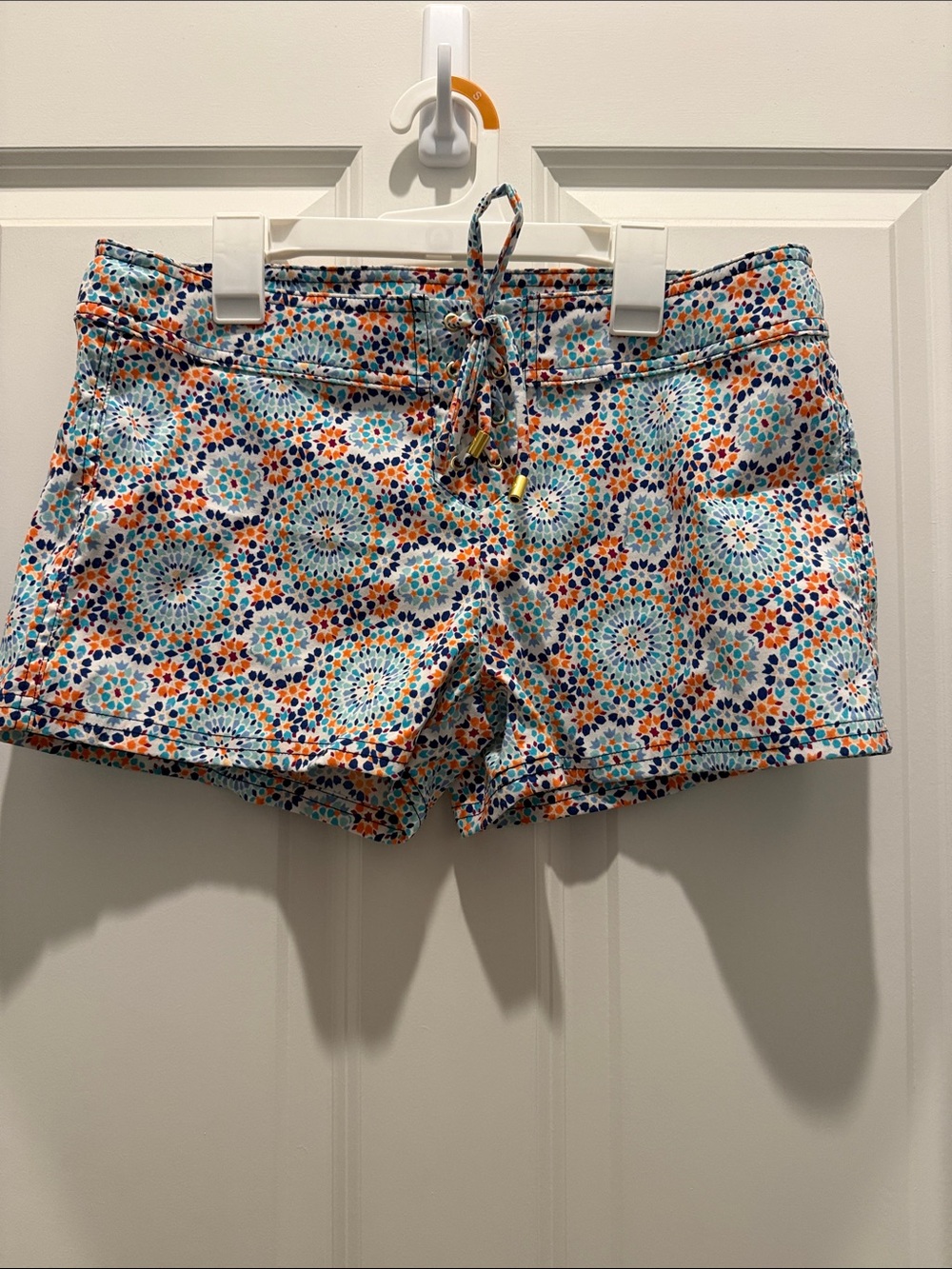 Helen Jon Aqua, Orange & Navy Drawstring Mosaic Shorts Size 6
